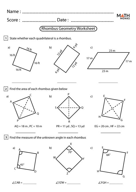 Figure out the indicated angle measure of each rhombus. . Rhombus worksheet pdf